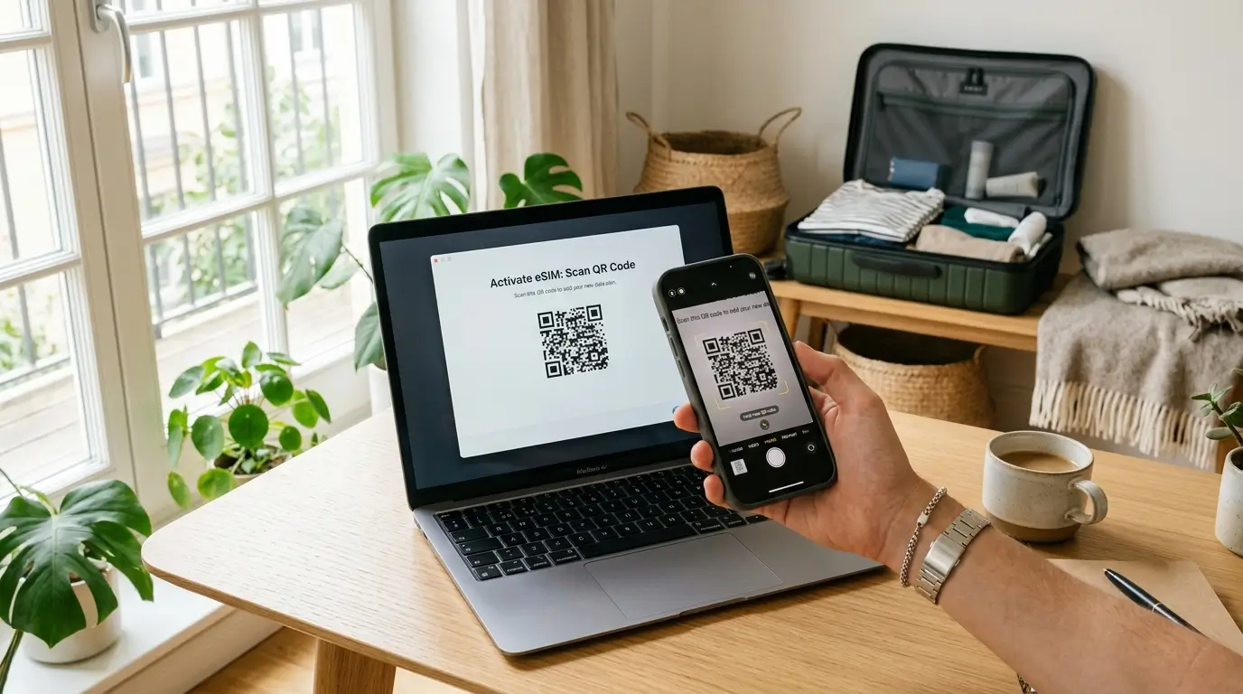 Сканирование QR-кода и установка профиля eSIM перед вылетом